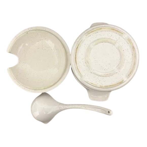 Vintage 1.5 Quart Speckled Floral Soup Tureen Serving Bowl And Ladle - Picture 7 of 14